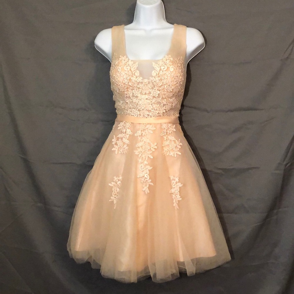 Peach Colored Dress with Lace Flowers